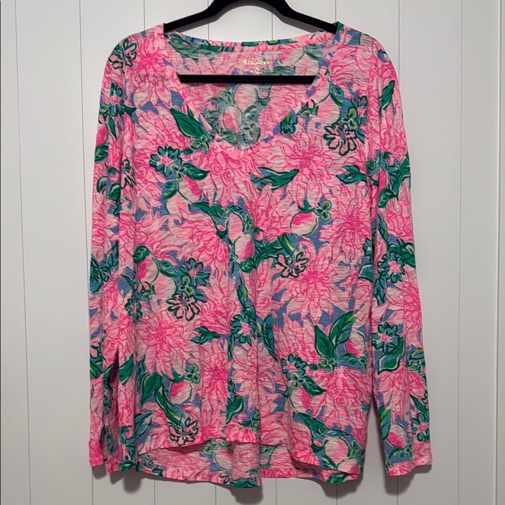 Lilly Pulitzer Etta Top Pink Floral Long Sleeve Blouse - Picture 2 of 4